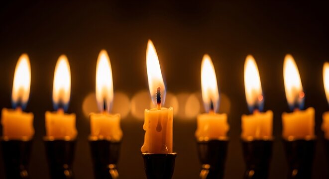 Hanukkah menorah glows with eight candles burning brightly against a dark background, celebrating the Jewish holiday. Perfect for religious events and traditions.