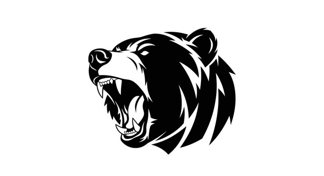 A fierce black bear with its mouth open and teeth bared, depicted in a stylized black and white illustration.