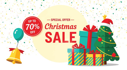 Christmas sale special offer with up to 70 off, featuring a christmas tree, gift boxes, a balloon, and a bell, creating a festive and promotional atmosphere