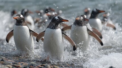Obraz premium A group of playful penguins waddle through the surf showcasing their lively personalities on a sunny day.