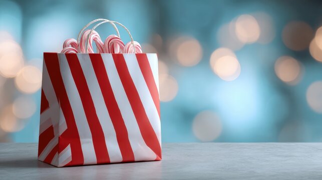 Red and white striped gift bag with a handle on top. the bag is placed on a grey surface with a blurred background of blue and gold bokeh lights.