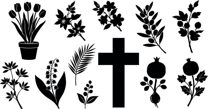 Set of Vector Icons Including a Christian Cross, Tulip Pot, Palm Leaf, Lily of the Valley, Pomegranate, and Berry Branches.
