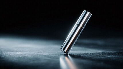 Sleek, minimalist product shot. Cylindrical silver object resting on a dark, textured surface with subtle reflections. Great for beauty, cosmetic or industrial design concepts.