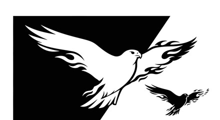 A striking graphic of a white dove with fiery wings soaring against a stark black and white background.