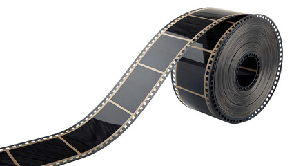 Rolled film strip, glossy black surface and visible frames, isolated object render.