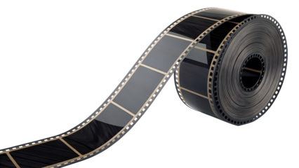 Rolled film strip, glossy black surface and visible frames, isolated object render.