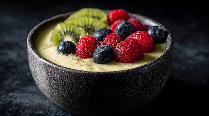 A healthy smoothie bowl topped with fresh kiwi slices raspberries and blueberries presented in a dark bowl