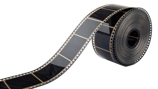 Rolled film strip, glossy black surface and visible frames, isolated object render.