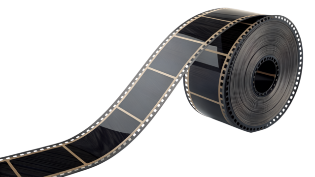 Rolled film strip, glossy black surface and visible frames, isolated object render.