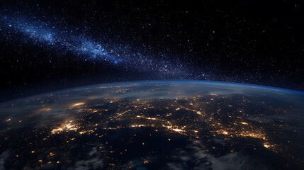 Fototapeta premium Starfield Accent Nightscape: Ideal for High-Resolution Display Backgrounds and Educational Presentations, Highlighting Luminous Urban Centers and Stellar Visuals
