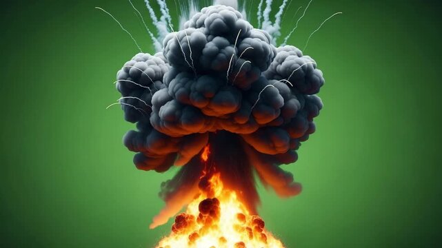 Massive mushroom cloud explosion with intense fire and smoke against green background