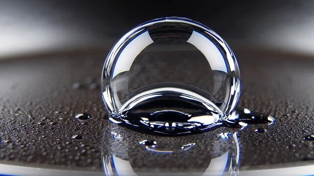 Transparent soap bubble landing and bursting on a dark reflective surface, creating interesting reflections and showing the fragility of thin films