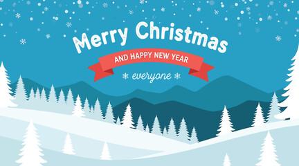 Festive merry christmas and happy new year background with snowy landscape, pine trees, and mountains, ideal for holiday greetings, winterthemed designs, and seasonal promotions