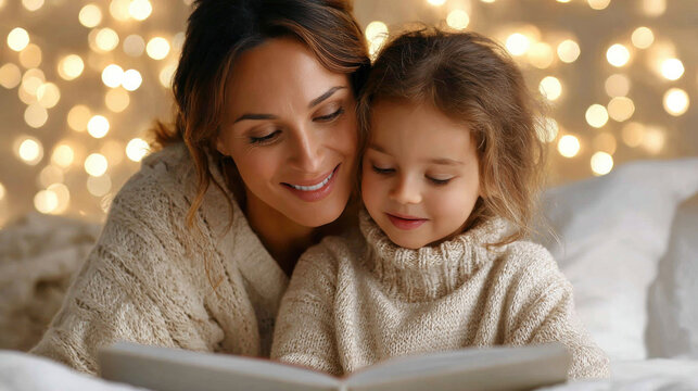 Heartwarming parent and child christmas story time with glowing fairy lights in cozy setting