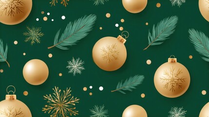 Elegant christmas pattern featuring golden ornaments and snowflakes on green background for festive design