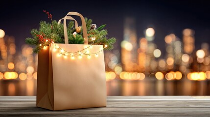 Festive holiday food delivery bag decorated with glowing garlands in urban night setting for seasonal promotional design