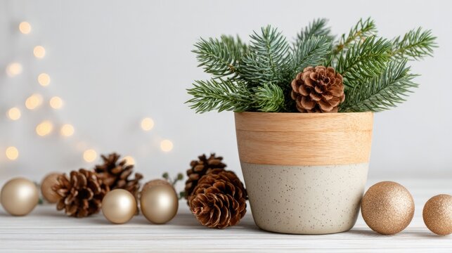 Scandinavian minimal christmas interior with wooden decor and pine cones for cozy holiday atmosphere