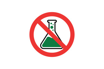 A prohibition sign over a laboratory flask indicates a ban on chemical experiments.