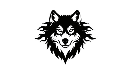 Obraz premium A striking black and white illustration of a wolf's head with fiery mane and intense eyes.
