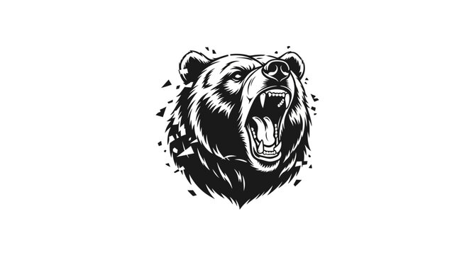 A fierce, roaring grizzly bear head illustration with sharp teeth and a distressed, fragmented background.