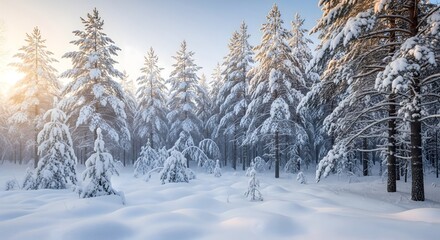 Fototapeta premium Magical winter landscape of a pine forest with snow-covered trees and a pristine white snowfield, bathed in the warm glow of a sunburst or sunrise/sunset