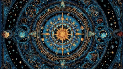Fototapeta premium A vibrant celestial design featuring astrological symbols, a sun motif, and intricate patterns, evoking a sense of cosmic wonder and mysticism.