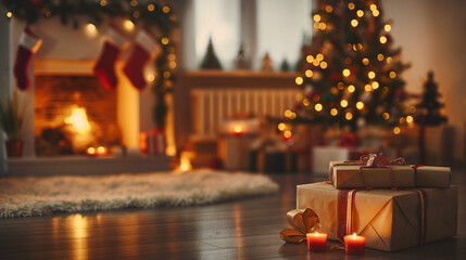 Cozy Christmas Living Room with Twinkling Tree and Wrapped Gifts, Warm Fireplace Ambiance