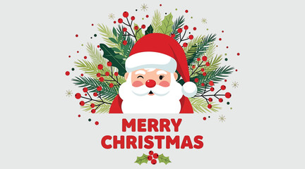Merry christmas greeting card with santa claus winking, surrounded by fir branches, berries, and snow on light background festive holiday design for seasons greetings and celebration
