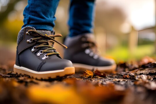 Close-up of a child's rugged boots on a forest trail surrounded by autumn leaves and blurred trees