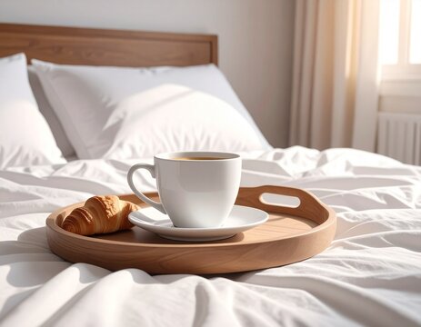Peaceful morning breakfast in bed a warm cup of coffee and fresh croissant on a wooden tray, placed on crisp white sheets, softly lit by natural sunlight