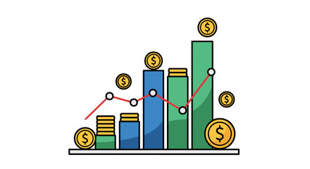 Obraz premium The illustration shows a rising bar graph, with the red line indicating increasing profit, and coins signifying wealth.