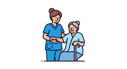 A caring healthcare worker assisting a senior woman with her walking stick, offering support and companionship.