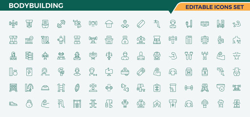 Bodybuilding line icon set. Collection for mobile and web apps. Editable vector. Exercise icon set. Contain linear sign fit, activity, training, gym, equipment, sport and more.