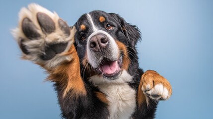bernese. Portrait of a playful Bernese mountain dog against a simple colored backdrop with directional lighting. wildlife magazines, conservation campaigns, designed for eco-tourism storytelling.