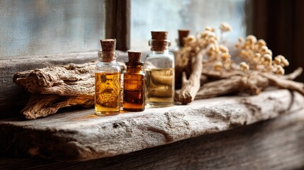 valerian. Dried valerian roots and small bottles on a rustic wooden shelf. menu design, packaging mockups, designed for culinary blogs and recipe cards for restaurants.