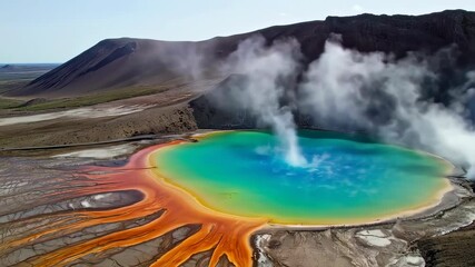 Aerial view of a colorful hot spring with steam, surrounding landscape, and hills - Powered by Adobe