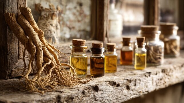valerian. Dried valerian roots and small bottles on a rustic wooden shelf. menu design, packaging mockups, designed for culinary blogs and recipe cards for restaurants.