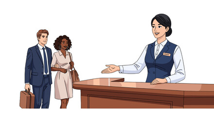 Obraz premium A couple checks into a hotel, greeted by a friendly receptionist ready to help with a welcoming smile and open hand.