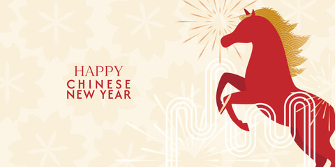 chinese new year 2026, year of the horse. vector abstract web banner with symbols fire red horse, flower, fireworks in modern illustration for template