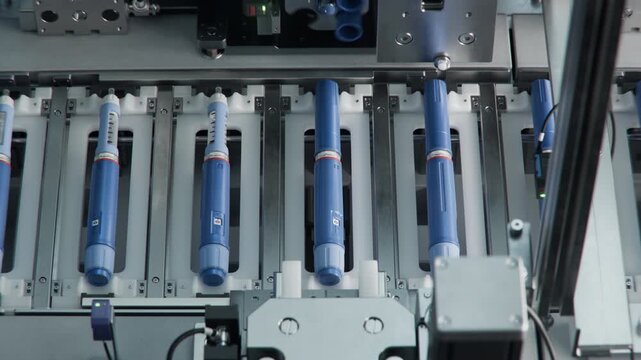 Top view of Medical Injector Pens on Conveyor Line during Production Process at Modern Pharmaceutical Factory. Weight Loss Medication Manufacturing. Medicinal Drug Production Plant. 