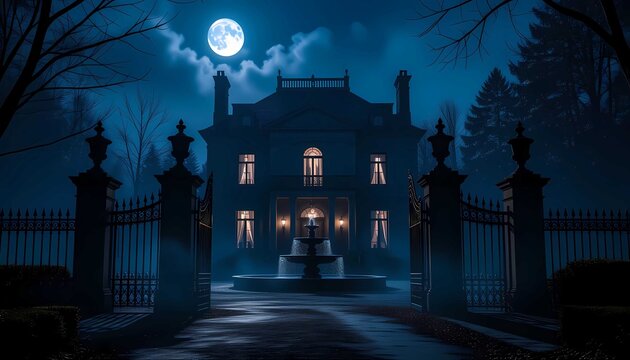 Wrought iron gates open to an eerie old estate with window light shining darkly