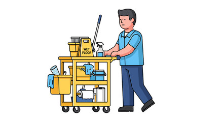 Illustration of a man pushing a cleaning cart equipped with a mop, bucket, and cleaning supplies. Stay safe, and clean!