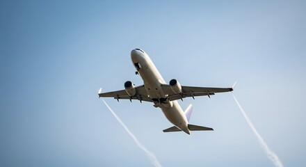 Obraz premium Large passenger airplane flying high into the clear blue sky creating contrails and representing commercial travel and global transportation