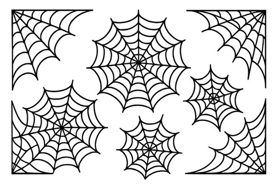 A collection of Halloween spider web silhouettes featuring eerie corner cobwebs against a white backdrop