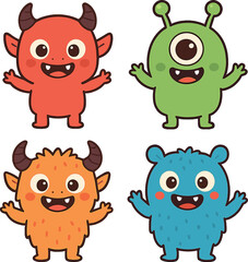 Fototapeta premium A set of adorable Kawaii monster icons for kids, featuring a collection of cheerful cartoon monsters in various playful forms—including funny devils, aliens, demons, and creatures—rendered in flat