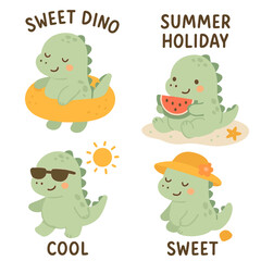 Obraz premium Set of adorable dinosaur baby prints for a sweet dino summer holiday, featuring a cool illustration suitable for nurseries, playrooms, t-shirts, children's clothing, baby party invitations, birthday