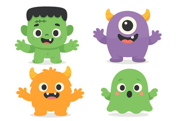 D Halloween Monster Set featuring spooky cute cartoon baby characters with colorful details on a white background
