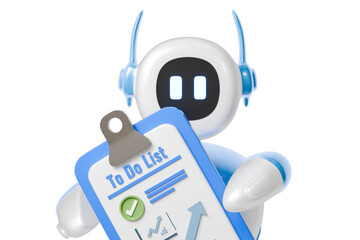 3d ai robot with to-do list clipboard icon. productivity concept. Minimal cartoon checklist planner task for app banner web hero. isolated on white background. 3d render.
