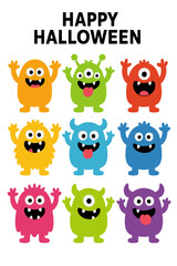 Obraz premium A set of large, colorful monster silhouettes for icons, featuring a happy Halloween theme with eyes, tongue, fang, and raised hands, depicting a cute, kawaii, scary, funny baby character in flat