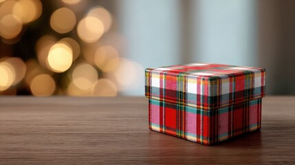 Close-up of a small gift box on a wooden surface. the box is square in shape and has a plaid pattern in red, green, and blue colors.